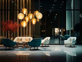 AI generated Luxurious lobby with chairs and lamp lights in the night AI Generative photo