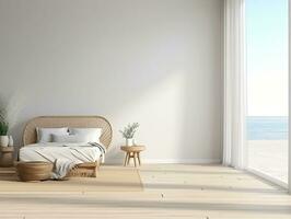 AI generated White bedroom on wooden flooring is sitting next to a wicker furniture AI Generative photo