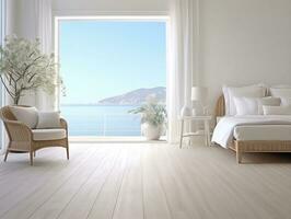 AI generated White bedroom on wooden flooring is sitting next to a wicker furniture AI Generative photo