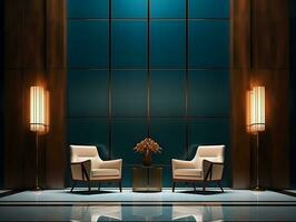 AI generated Luxurious lobby with chairs and lamp lights in the night AI Generative photo