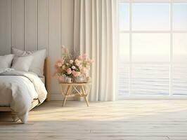 AI generated White bedroom on wooden flooring is sitting next to a wicker furniture AI Generative photo