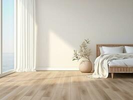 AI generated White bedroom on wooden flooring is sitting next to a wicker furniture AI Generative photo