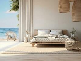 AI generated White bedroom on wooden flooring is sitting next to a wicker furniture AI Generative photo