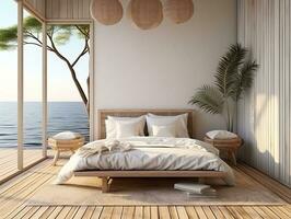 AI generated White bedroom on wooden flooring is sitting next to a wicker furniture AI Generative photo