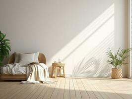 AI generated White bedroom on wooden flooring is sitting next to a wicker furniture AI Generative photo