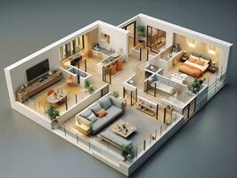 AI generated 3D floor plan of an open concept living apartment layout home AI Generative photo