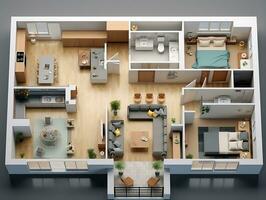 AI generated 3D floor plan of an open concept living apartment layout home AI Generative photo