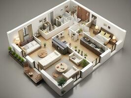 AI generated 3D floor plan of an open concept living apartment layout home AI Generative photo