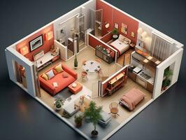 AI generated 3D floor plan of an open concept living apartment layout home AI Generative photo