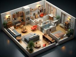 AI generated 3D floor plan of an open concept living apartment layout home AI Generative photo