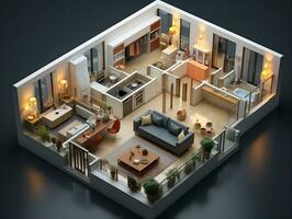 AI generated 3D floor plan of an open concept living apartment layout home AI Generative photo