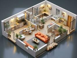 AI generated 3D floor plan of an open concept living apartment layout home AI Generative photo