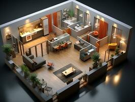 AI generated 3D floor plan of an open concept living apartment layout home AI Generative photo