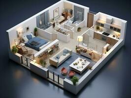 AI generated 3D floor plan of an open concept living apartment layout home AI Generative photo