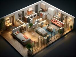 AI generated 3D floor plan of an open concept living apartment layout home AI Generative photo