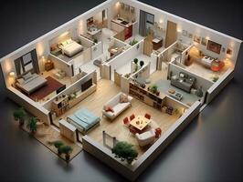 AI generated 3D floor plan of an open concept living apartment layout home AI Generative photo