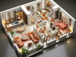 AI generated 3D floor plan of an open concept living apartment layout home AI Generative photo