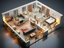 AI generated 3D floor plan of an open concept living apartment layout home AI Generative photo