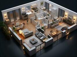 ai generado 3d piso plan de un abierto concepto vivo Departamento diseño hogar ai generativo foto