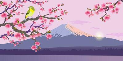 Realistic graphics of Nightingale and Sakura against the backdrop of Mount Fuji. Japanese nightingale on a branch of a blossoming cherry tree. vector