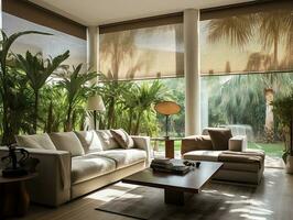 AI generated Interior living room with sofas and palm trees AI Generative photo