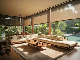 AI generated Interior living room with sofas and palm trees AI Generative photo