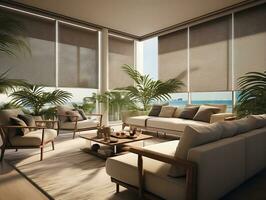 AI generated Interior living room with sofas and palm trees AI Generative photo