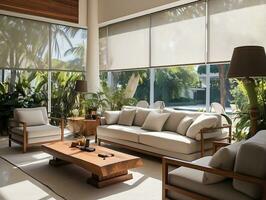 AI generated Interior living room with sofas and palm trees AI Generative photo