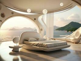 ai generado futurista moderno lujo dormitorio con muy moderno mueble ai generativo foto