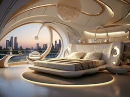 AI generated Futuristic modern luxury bedroom with very modern furniture AI Generative photo