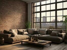 AI generated 3D model of modern brick walls living room with couches and large windows AI Generative photo