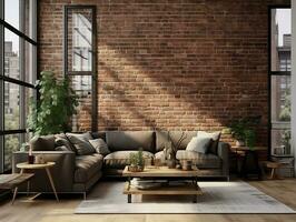 AI generated 3D model of modern brick walls living room with couches and large windows AI Generative photo
