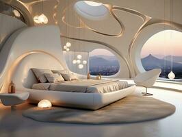 AI generated Futuristic modern luxury bedroom with very modern furniture AI Generative photo