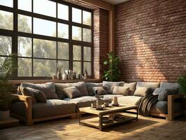 AI generated 3D model of modern brick walls living room with couches and large windows AI Generative photo