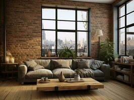 AI generated 3D model of modern brick walls living room with couches and large windows AI Generative photo