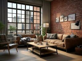 AI generated 3D model of modern brick walls living room with couches and large windows AI Generative photo
