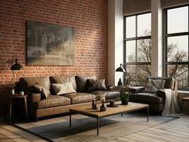 AI generated 3D model of modern brick walls living room with couches and large windows AI Generative photo