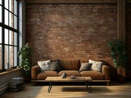 AI generated 3D model of modern brick walls living room with couches and large windows AI Generative photo