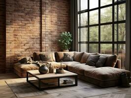 AI generated 3D model of modern brick walls living room with couches and large windows AI Generative photo