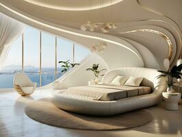 ai generado futurista moderno lujo dormitorio con muy moderno mueble ai generativo foto