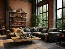 AI generated 3D model of modern brick walls living room with couches and large windows AI Generative photo