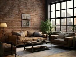 AI generated 3D model of modern brick walls living room with couches and large windows AI Generative photo