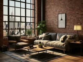 AI generated 3D model of modern brick walls living room with couches and large windows AI Generative photo