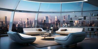 AI generated Futuristic skyline home decor with floor to ceiling windows and cityscape views AI Generative photo