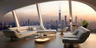 AI generated Futuristic skyline home decor with floor to ceiling windows and cityscape views AI Generative photo