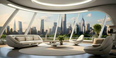 AI generated Futuristic skyline home decor with floor to ceiling windows and cityscape views AI Generative photo