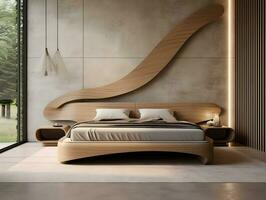 AI generated Modern wooden bedroom with wooden furniture AI Generative photo