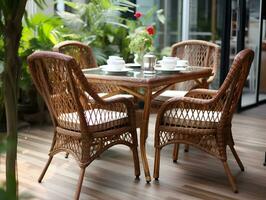 AI generated Dining table set weaved with rattan AI Generative photo