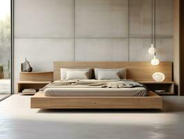ai generado moderno de madera dormitorio con de madera mueble ai generativo foto