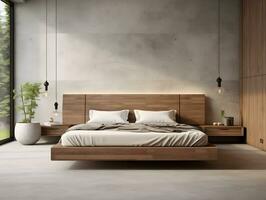 ai generado moderno de madera dormitorio con de madera mueble ai generativo foto